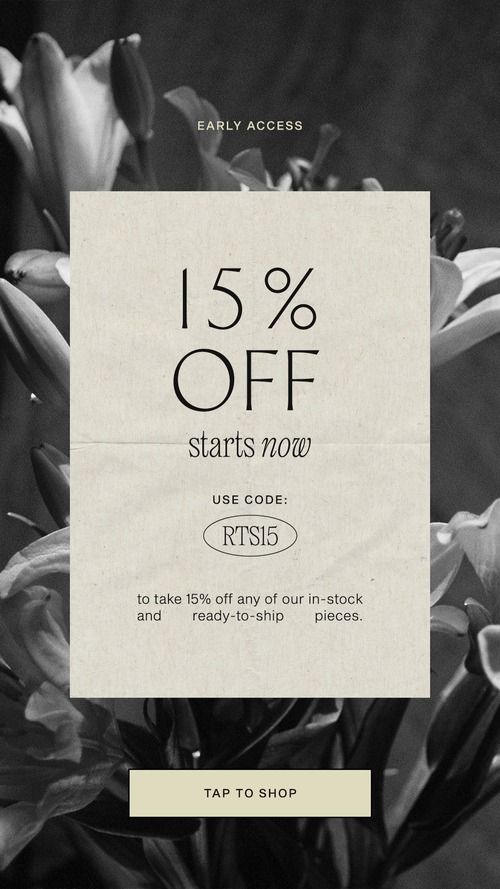 a black and white photo with the words 15 % off starts now