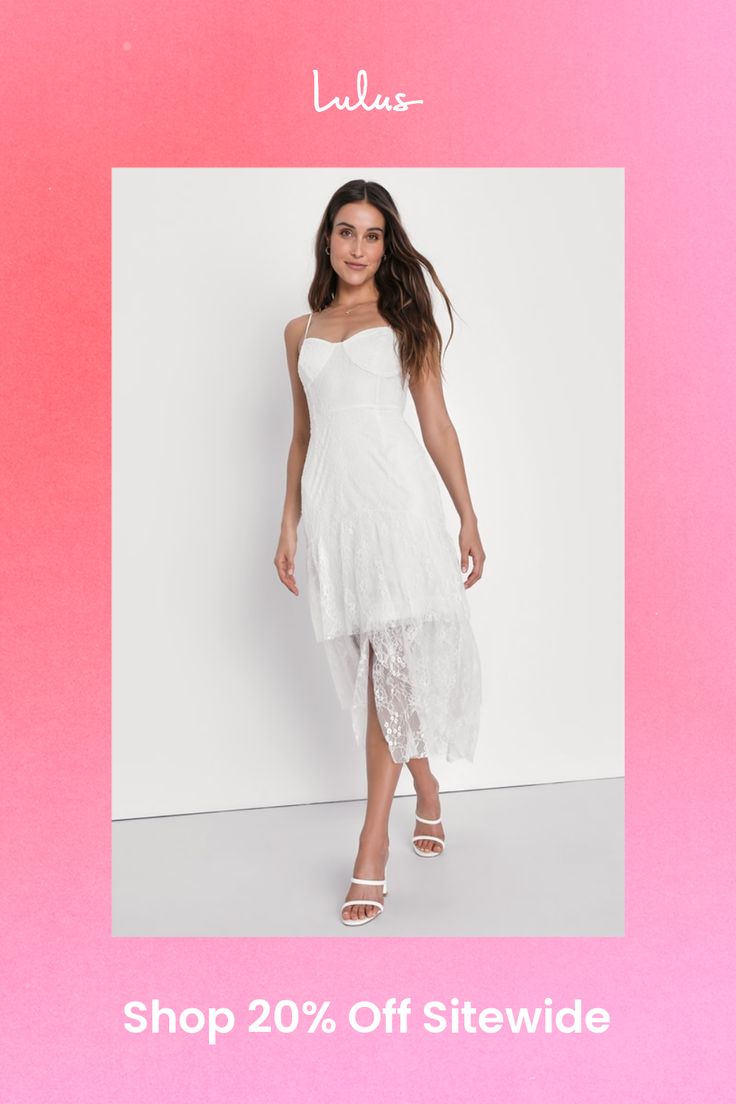 No matter the occasion, you'll always be dressed to the nines with the Lulus Elaborate Love White Lace Bustier Tiered High-Low Maxi Dress! This romantic dress is composed of sheer floral lace (atop a matching knit liner) that shapes a bustier-inspired bodice with seamed cups and a sweetheart neckline, supported by adjustable spaghetti straps. The fitted waist tops a figure-skimming, tiered skirt that falls to a subtle high-low hem. Hidden back zipper/clasp. Fit: This garment fits true to size. Length: Ankle length. Size medium measures 52.5" from adjustable straps to hem. Bust: Great for any cup size. Waist: Fitted - very fitted at natural waist. Hip: Loosely Fitted. Undergarments: May be worn with a strapless bra, adhesive bra, petals, or no bra. Fabric: Fabric has some stretch. Lined. Dr Summer Lace Corset Dress For Date Night, Flirty Lace Dress For Garden Party, Spring Date Night Lace Trim Corset Dress, Feminine Spring Lace Dress With Fitted Bodice, Feminine Lace Dress With Sweetheart Neckline For Party, Spring Date Night Corset Dress With Lace Trim, Summer Dress With Lace Bodice And Sweetheart Neckline, Feminine Sweetheart Neckline Lace Dress For Party, Sweetheart Neckline Fit And Flare Brunch Dress