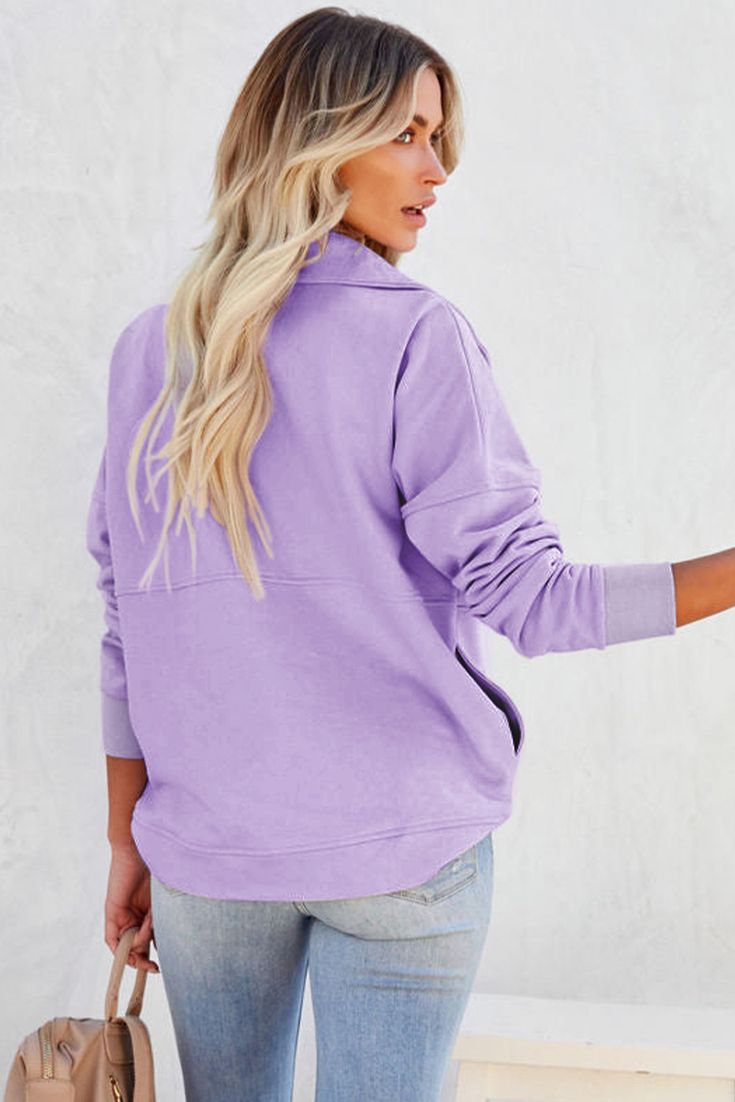 Purple Solid Color Zip Collar Sweatshirt with Pockets Purple Solid Cotton Top, Purple Solid Color Cotton Top, Spring Collared Sweatshirt With Relaxed Fit, Oversized Purple Collared Top, Purple Relaxed Fit Long Sleeve Sweater, Long Sleeve Tops With Pockets For Loungewear, Purple Long Sleeve Sweatshirt For Spring, Spring Cotton Collared Sweatshirt, Spring Collared Cotton Sweatshirt