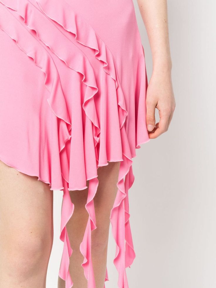 Spring Asymmetrical Ruffle Skirt, Pink Knee-length Party Bottoms, Spring Ruched Asymmetrical Hem Skirt, Spring Ruched Skirt With Asymmetrical Hem, Pink Evening Mini Skirt, Spring Asymmetrical Draped Skirt With Ruffles, Spring Ruffled Asymmetrical Draped Skirt, Asymmetrical Ruffled Party Skirt, Chic Asymmetrical Ruffle Bottoms