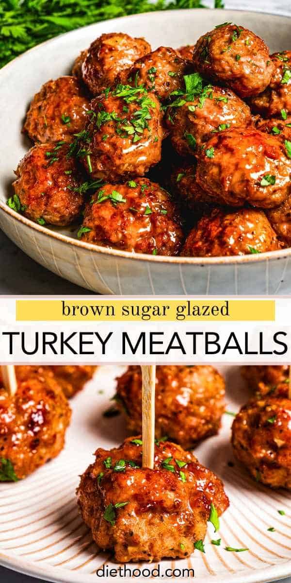 turkey meatballs on skewers in a white bowl with the words brown sugar glazed turkey meatballs above them