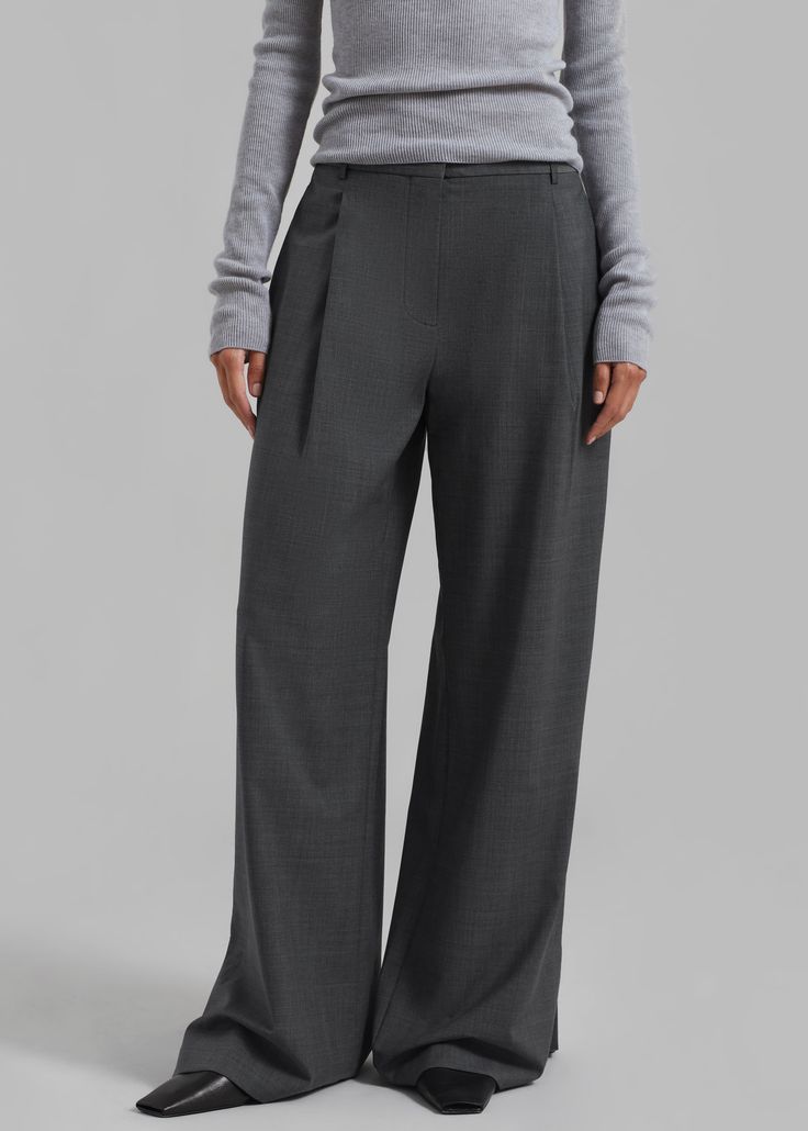 Color: Grey Melange Lightweight wool blend fabric Relaxed fit Straight leg High rise Slant hip pockets Belt loops Zip fly Hook and bar closure Unlined 48% Wool 30% Recycled Polyester 16.5% Polyester 5.5% Lycra Dry Clean Only By The Garment. Imported Full Length Wool Bottoms For Business Casual, Wool Full Length Bottoms For Business Casual, Full Length Wool Bottoms For Fall, Elegant Gray Wool Pants, Elegant Gray Wool Bottoms, Gray Wide Leg Pants For Formal Fall Occasions, Wool Tapered Leg Office Bottoms, Gray Wool Pants With Welt Pockets, Office Wool Tapered Leg Bottoms