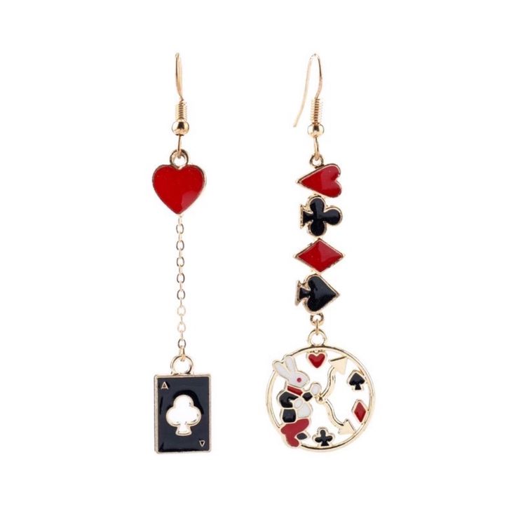 Alice In Wonderland Asymmetric Dangle Earrings These Adorable Earrings Are Bright And Colorful On The Front, And Smooth Gold On The Back. One Earring Has A Red Heart, Black Club, Red Diamond, And Black Spade Dangling Down From The Fish Hook. Beneath That Is The Gold Outline Of A Clock With The White Rabbit Sitting Inside Of The Clock. Each Suit Of Cards Is In Place Of A Number On The Clock, With Topsy Turvey Gold Hands. Very Fitting For The White Rabbit Who Worries About Being Late, Listen Quiet Icon Party, October Jewelry, Rabbit Sitting, Icons Party, Club Red, Romantic Fantasy, Red Diamond, Themed Jewelry, Gold Hands