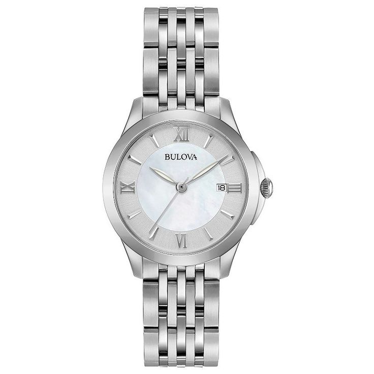 Accent your look with the timeless elegance of this Bulova women's Mother Of Pearl Roman accent dial bracelet watch. Click on this JEWELRY & WATCHES GUIDE to learn about fit, styles, materials and more! Accent your look with the timeless elegance of this Bulova women's Mother Of Pearl Roman accent dial bracelet watch. Click on this JEWELRY & WATCHES GUIDE to learn about fit, styles, materials and more! FEATURES Day & date window Scratch resistantDISPLAY Dial type: Mother-of-pearl Face cover mate Classic Diamond Watch With Jubilee Bracelet, Classic Diamond Watch With Metal Dial, Elegant White Stainless Steel Watch Accessories, Classic White Gold Stainless Steel Watches, Formal Watch With Bracelet Strap, Elegant Stainless Steel Watch Accessories With Metal Dial, Classic White Gold Watch With Bracelet Strap, Classic White Gold Bracelet Strap Watch Accessories, Classic Round Watch With Bracelet Strap