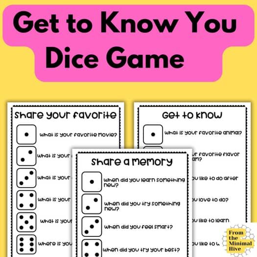 three dice game cards with the words, get to know you dice game and an image of