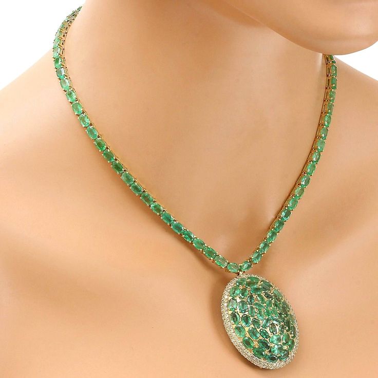 Luxury Emerald Necklace For Anniversary, Luxury Emerald Gemstone Necklace For Formal Occasions, Luxury Diamond Cut Emerald Necklace For Anniversary, Luxury Oval Yellow Gold Diamond Necklace, Luxury Yellow Gold Oval Diamond Necklace, Green Diamond Necklace For Formal Occasions, Formal Green Hallmarked Diamond Necklace, Luxury Emerald Necklace With Brilliant Cut, Formal Emerald Pendant Necklace With Diamond Cut