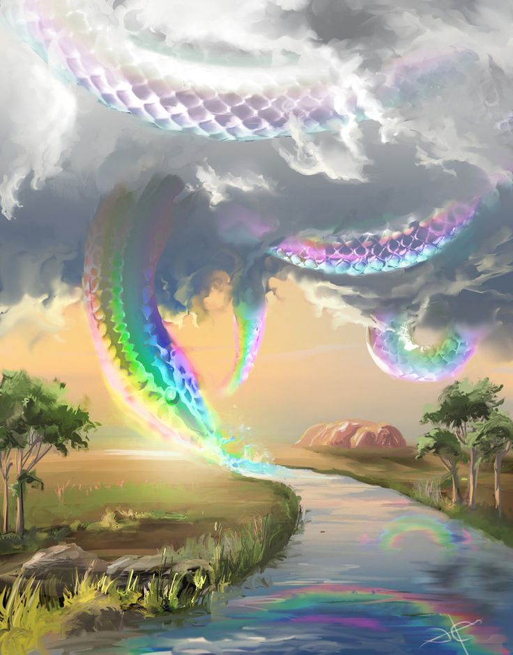 an artistic painting of a rainbow colored snake coming out of the clouds over a river