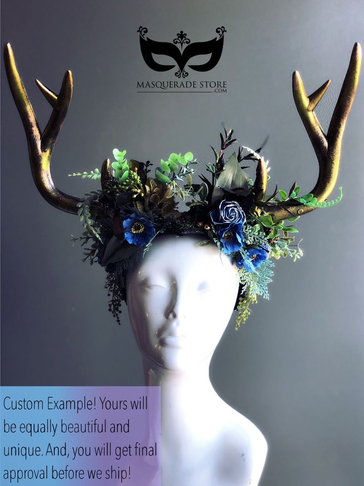 "Choose between Horns or Antler Style! Our forest and nature inspired Enchanting headdress is approx 18\" across in length, lightweight Faux Sturdy Resin/Plastic composition Base and can be customized in any color and embellishments to match your costume. This piece is worn on the head and comes with stretchable elastic in the back. Image 1 - This is an example of our Floral Theme in deep purple shade florals Image 3 - This is an example of our Forest Theme in Celestial Blue shade Image 7 & 9 - Horned Fantasy Headpiece For Festival, Adjustable Horned Fantasy Headpiece, Fantasy Horned Headpiece For Festival, Fantasy Style Tall Crown Adjustable Headband, Bohemian Headpieces For Halloween Fantasy Events, Forest Fairy Costume Diy, Enchanted Forest Costume, Forest Headdress, Forest Nymph Costume