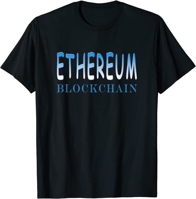 Ethereum Blockchain t-shirt, buy now at Amazon.  Available in many colors for men women and childtren.  Bold text in light blue and dark blue text, across the chest area of the t-shirt.  Ethereum Blockchain t-shirt, click to buy now. ETH Ethereum. Birthday Presents For Boys, Scottish Quotes, Physics Humor, Amazon Merch, Know It All, Science Humor, Funny Character, Silly Jokes, Mood Humor