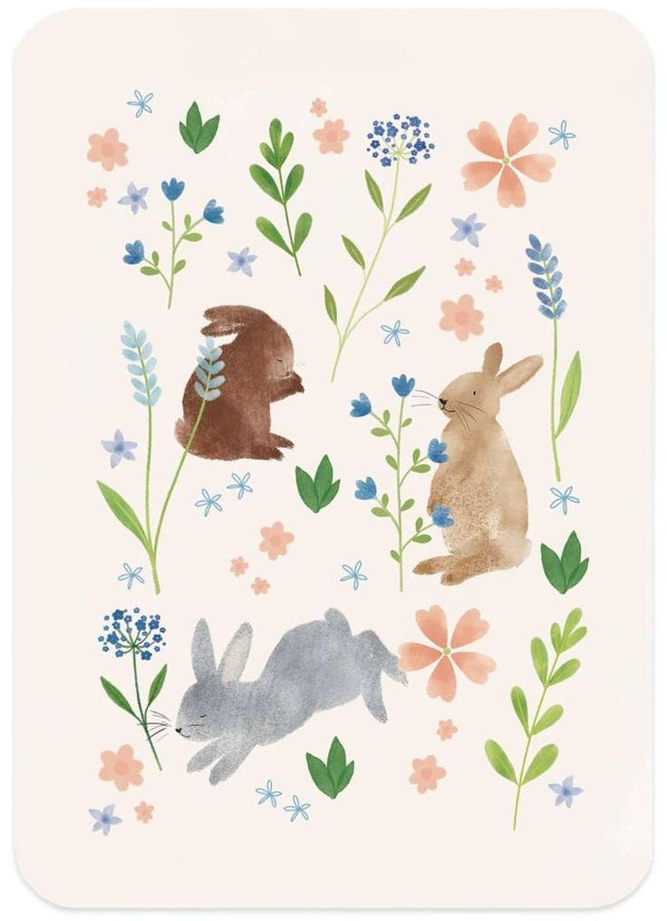 two rabbits and flowers on a white background with blue, pink, orange and green leaves