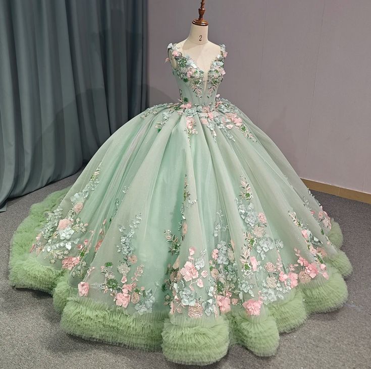 Blush Green Sparkly Princess Quinceanera Dress Light Green Quinceanera Dresses, Fairytale Wedding Gown, Shoulder Length Veil, Green Quinceanera Dresses, Plus Size Evening Gown, Quince Dress, Gown Plus Size, Theme Dress, Quinceanera Dress