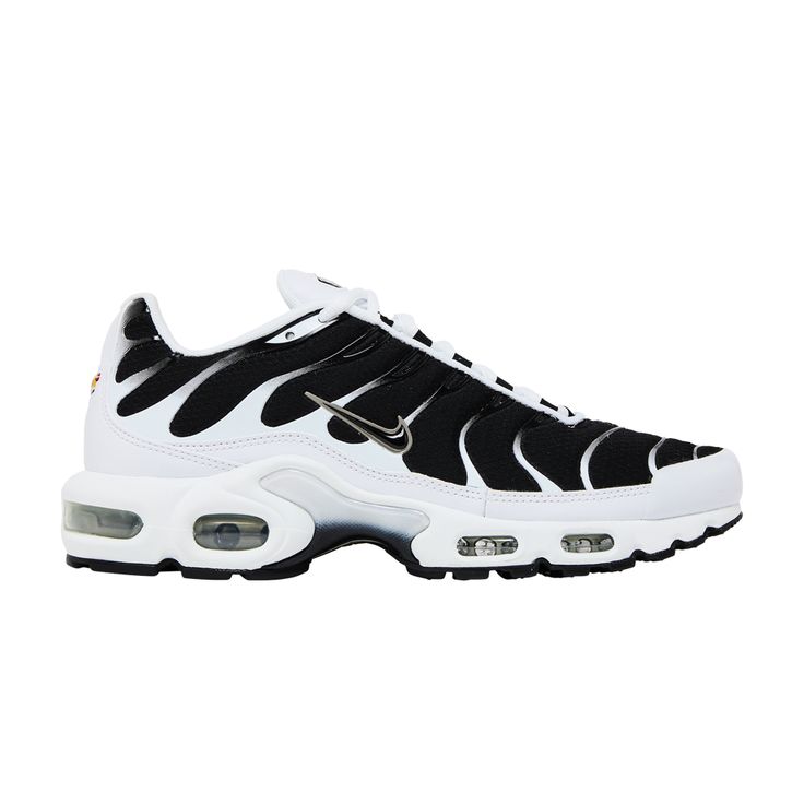 Find NIKE Air Max Plus ' White on Editorialist. The Nike Air Max Plus ‘Black White’ showcases an elemental two-tone color scheme that serves to highlight the sneaker’s unique lines, including the wavy TPU overlays that draw inspiration from palms trees blowing in the wind. Contrasting pops of color appear on the hexagonal Tn Air logo that adorns the heel panel — a nod to the precisely tuned visible Max Air units embedded in the sneaker’s foam midsole. Modern Custom Lace-up Sneakers With Air Max Cushioning, Modern Nike Air Max With Air Cushioning For Streetwear, Modern Low-top Custom Sneakers With Air Cushioning, Modern Nike Air Max Low-top With Air Cushioning, Modern Nike Air Max Low-top Sports Shoes, Modern Nike Custom Sneakers With Air Cushioning, Modern Nike Air Max Low-top For Sports, Nike Air Max Modern Streetwear Shoes, Dynamic Low-top Custom Sneakers With Air Max Cushioning