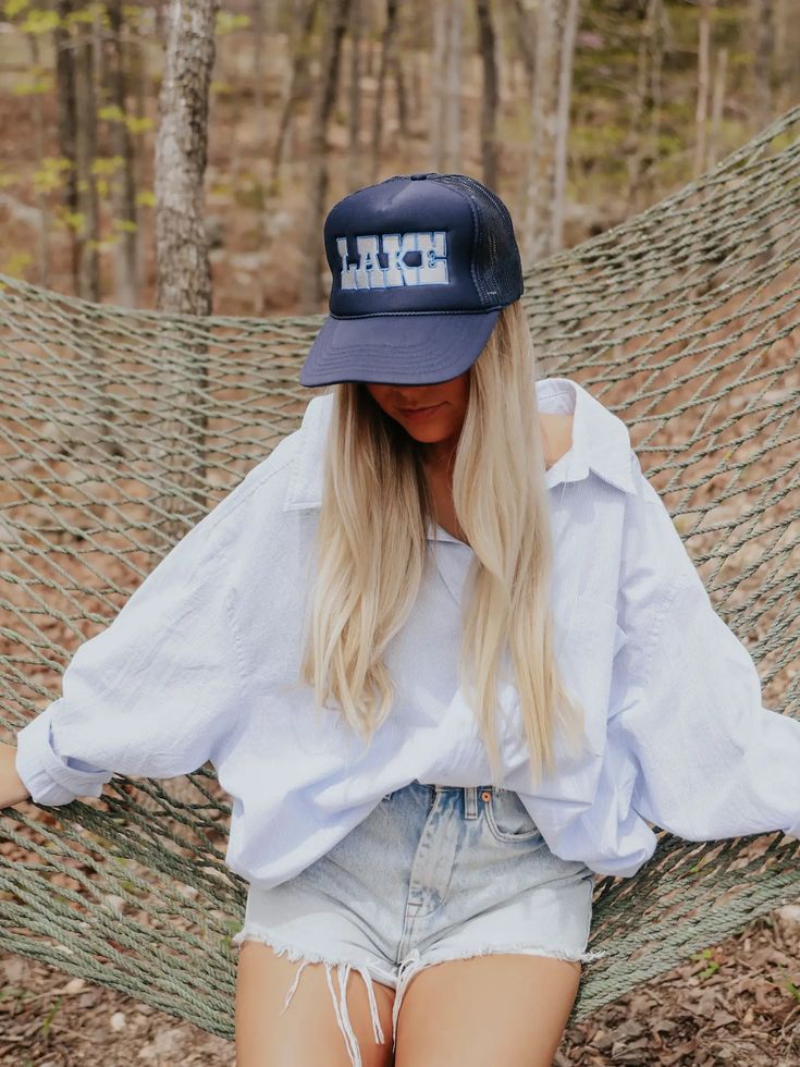 navy lake trucker hat Charlie southern popular Spring Blue Trucker Hat With Letter Print, Blue Letter Print Trucker Hat For Beach, Trendy Spring Trucker Hat For Travel, Spring Vacation Trucker Hat, Blue Letter Print Hats For Summer, Blue Letter Print Hat For Summer, Blue Letter Print Summer Hat, Blue Summer Hats With Letter Print, Blue Trucker Hat For Summer Outdoor