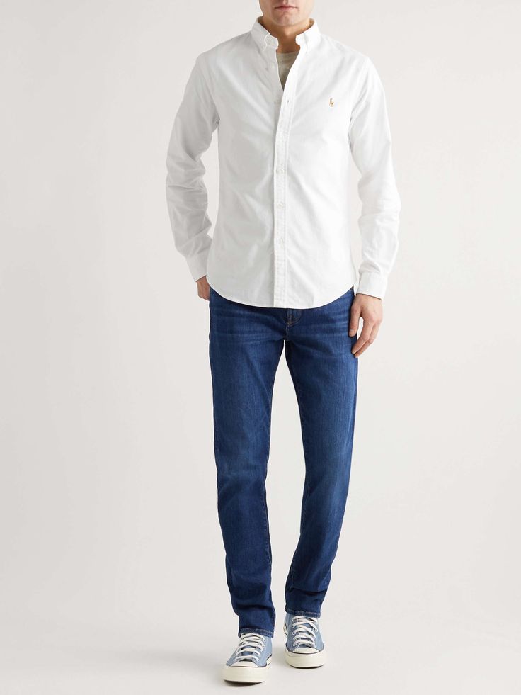 White Slim-Fit Cotton Oxford Shirt | POLO RALPH LAUREN | MR PORTER White Oxford Shirt Outfit, Blue Converse Outfit, Oxford Shirt Outfit, Ralph Lauren Men Outfits, Men’s Office, Capsule Wardrobe Men, White Shirt And Blue Jeans, Party Jeans, White Oxford Shirt