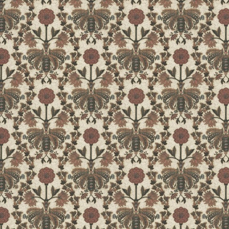 an old fashioned wallpaper with red flowers and leaves on white background, as well as brown