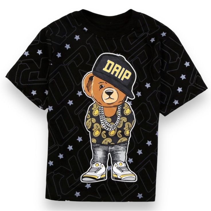 Vibes Boys Teddy Bear Drip Tee! Super Soft Knit Material Cotton/Polyester Machine Wash Crew Neckline Black Crew Neck Top With Bear Print, Crew Neck Bear Print Top For Streetwear, Crew Neck Top With Bear Print For Streetwear, Black Casual T-shirt With Bear Print, Bape Kids, Snoopy Shirt, Disney High, Artist Tees, Teddy Bear Clothes