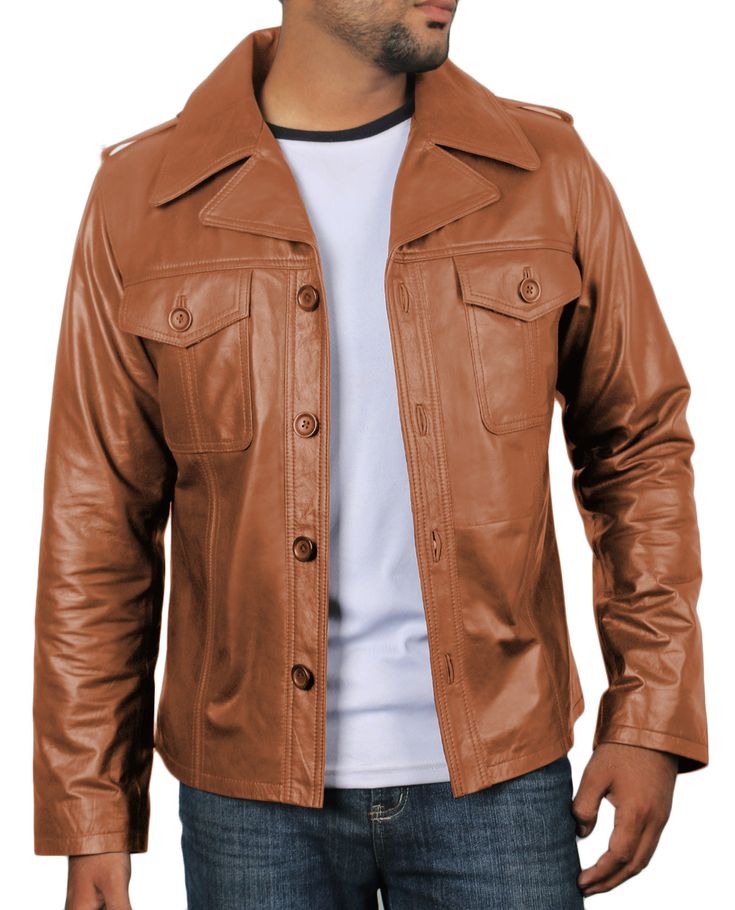 Cognic Tan Brown Collared Leather Jacket For Business, Winter Business Leather Jacket With Button Closure, Leather Jacket With Buttons And Long Sleeves, Fitted Leather Jacket With Lapel Collar And Buttons, Classic Fitted Biker Jacket With Buttons, Fall Leather Sport Coat With Button Closure, Classic Leather Biker Jacket With Buttons, Classic Brown Outerwear With Spread Collar, Classic Leather Jacket With Buttons