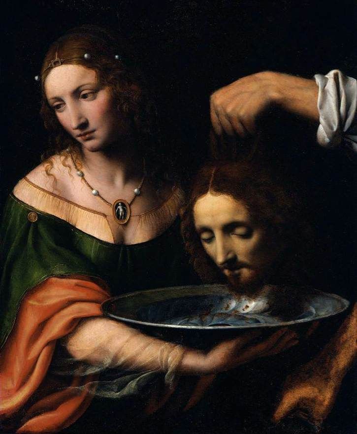 a painting of a woman holding a plate with a man's face in the background