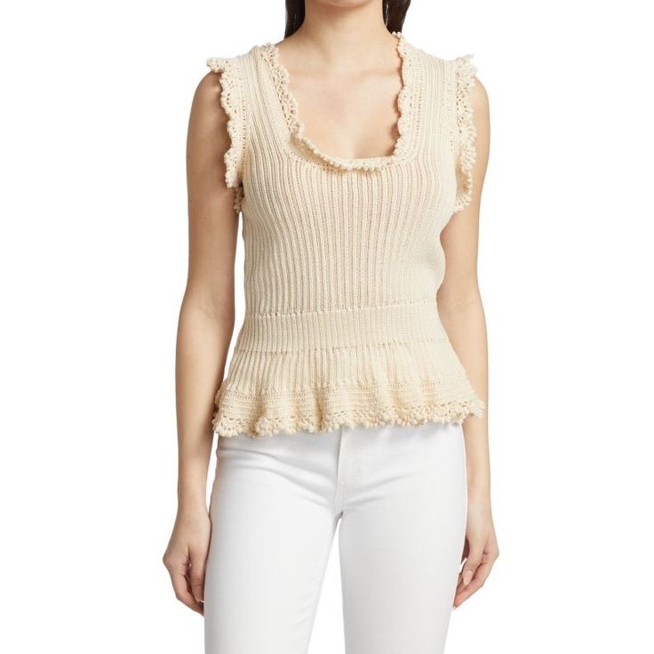 Crafted Of Intricately Knit Cotton, The Ammeline Top By Paige Is Detailed With An Elegant Ruffle Trim. Scoopneck Sleeveless Pullover Style 100% Cotton Dry Clean Imported Size & Fit About 21.5" From Shoulder To Hem Model Measurements: 5'10" Tall Model Is Wearing A Us Size Small Daywear Pointelle Knit Sweater, Daywear Sweater In Pointelle Knit, Pointelle Knit Sweater For Daywear, Fitted Sweater With Crochet Trim For Fall, Fitted Fall Sweater With Crochet Trim, Feminine Fitted Knit Top, Fitted Feminine Textured Knit Top, Fitted Feminine Knit Sweater, Feminine Textured Knit Top For Summer