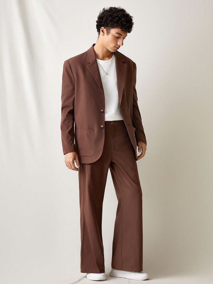 2pcs Men's Casual Loose Fit Solid Color Long Sleeve Suit Jacket And Elastic Waist Suit Pants Set Chocolate Brown Work    Plain  Non-Stretch  Men Clothing, size features are:Bust: ,Length: ,Sleeve Length: Men’s Brown Suit Wedding, Brown Formal Outfit Men, Wedding Casual Outfit Guest, Earth Tone Clothing, Brown Suit Men, Brown Suit Wedding, Semi Formal Men, Cocktail Party Outfits, Formals For Men