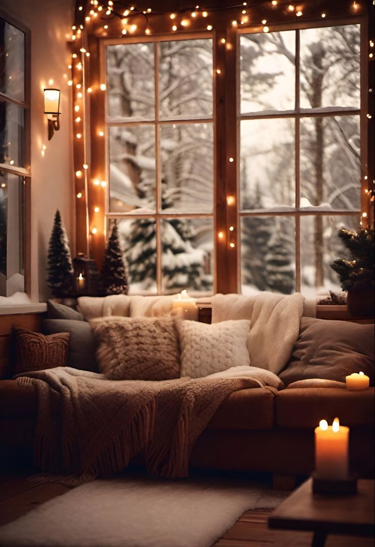 a living room filled with lots of furniture and christmas lights hanging from the window sill