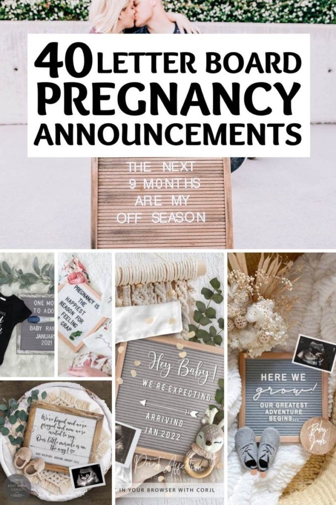 a collage of photos with the words 40 letter board pregnancy announcements