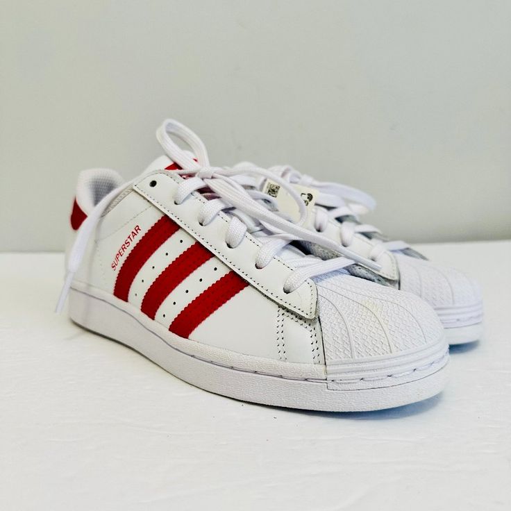 Adidas Superstar Originals Red And White 3 Stripes Sneakers Product Details: Upper: Leather And Other Materials Trim Insole: Fabric Outsole: Other Materials Size: 5.5 Style No.: Fw8293 Red Lace-up Adidas Logo Sneakers, Red Adidas Low-top Sneakers, Red Low-top Adidas Sneakers, Red Slip-on Sporty Skate Shoes, Sporty Red Slip-on Skate Shoes, Red Slip-on Skate Shoes, Adidas Sneakers In University Red With Red Sole, Adidas Sneakers University Red With Red Sole, Adidas University Red Sneakers With Red Sole