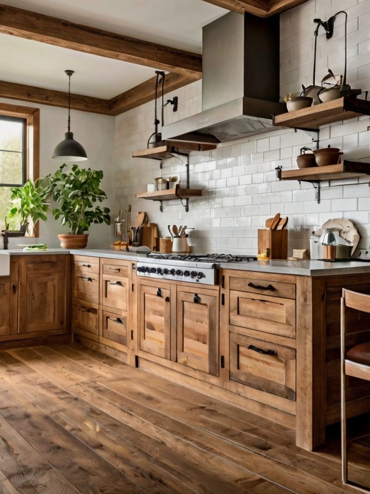 a kitchen with wooden cabinets and white brick walls, wood flooring and open shelving