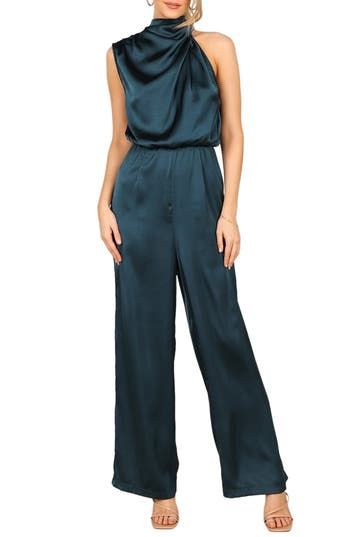 This glamorous satin jumpsuit is designed with soft bodice pleats and a sleek cutaway shoulder. Back keyhole with button-and-loop closure Mock neck Sleeveless Unlined 95% polyester, 5% elastane Hand wash, dry flat Imported Rehearsal Dinner Guest Outfits, Jumpsuits For Women Formal, Semi Formal Wedding Attire, Jumpsuit Outfit Wedding, Cocktail Wedding Attire, Bridesmaids Jumpsuits, Formal Wedding Attire, Jumpsuit For Wedding Guest, Rehearsal Dinner Outfits