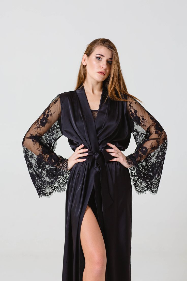 This chic silk robe is sewing from high quality fabric with luxurious soft lace sleeves. In this robe you can feel all your femininity. The robe will gently emphasize the roundness of your body. You can choose the size according to the standard size chart or order an individual size. Sleeve length - 58cm (22.8in) Short Robe length - 90cm (35 in) Long Robe length - 140cm (55 in) If you want less length - write about it in the order. The fabric is very pleasant to the body and looks great. In this Lace Wedding Night Robe With Lace Sleeves, Fitted Robe With Lace Sleeves For Wedding Night, Fitted Wedding Night Robe With Lace Sleeves, Elegant Lace Robe With Lace Cuffs, Elegant Long Sleeve Lace Sleepwear, Lace Wedding Kimono With Kimono Sleeves, Fitted Lace Robe For Loungewear, Long Lace Robe For Wedding Night, Long Sleeve Lace Wedding Robe