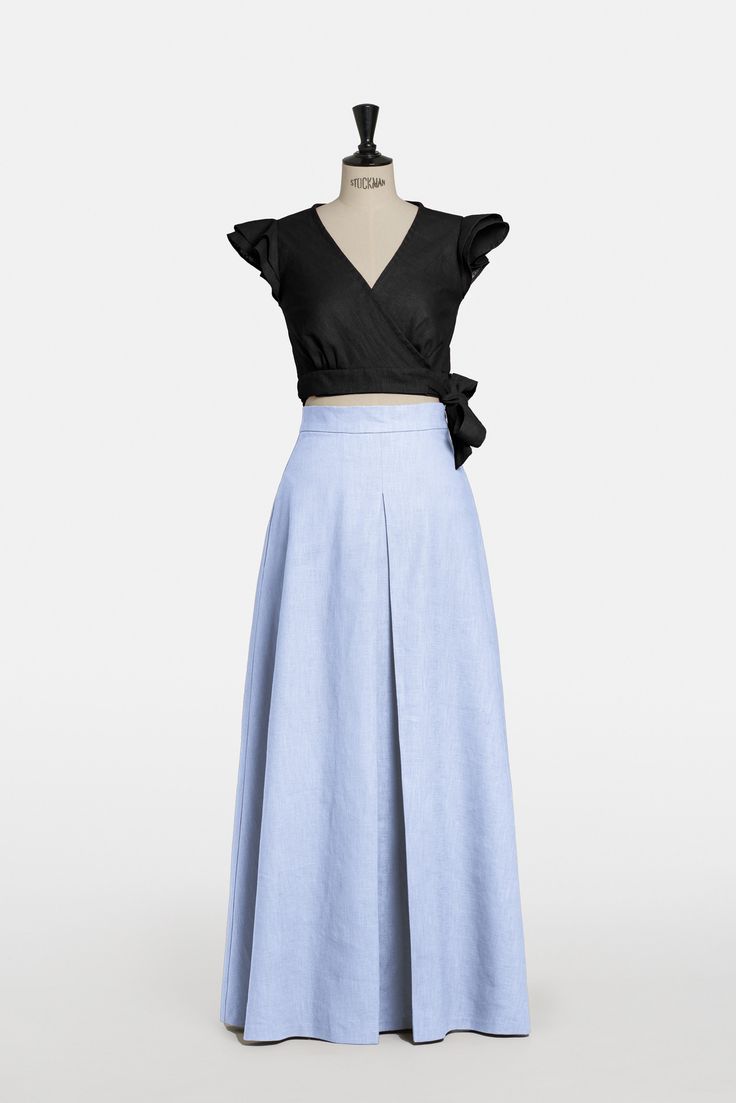 Long linen skirt with pockets and high waistband in light blue. The A-line skirt is a wide skirt perfect for special occasions. It has a nice pleat on the front. Skirt length: 110 centimeters; 43,3 inches Care recommendations: Cold water washing (no more than 30 degrees Celsius) is preferred, as well as machine washing in delicate mode. Use mild detergents. Don't use bleach. Do not tumble dry. Spring A-line Voluminous Maxi Skirt, Summer A-line Maxi Dress With Voluminous Skirt, Summer A-line Voluminous Maxi Skirt, Chic Blue A-line Maxi Skirt, Blue Linen A-line Maxi Dress, Spring A-line Maxi Dress With Voluminous Skirt, Spring Maxi Dress With Voluminous Flared Skirt, Spring Maxi Dress With Lined Full Skirt, Spring Maxi Dress With Full Lined Skirt