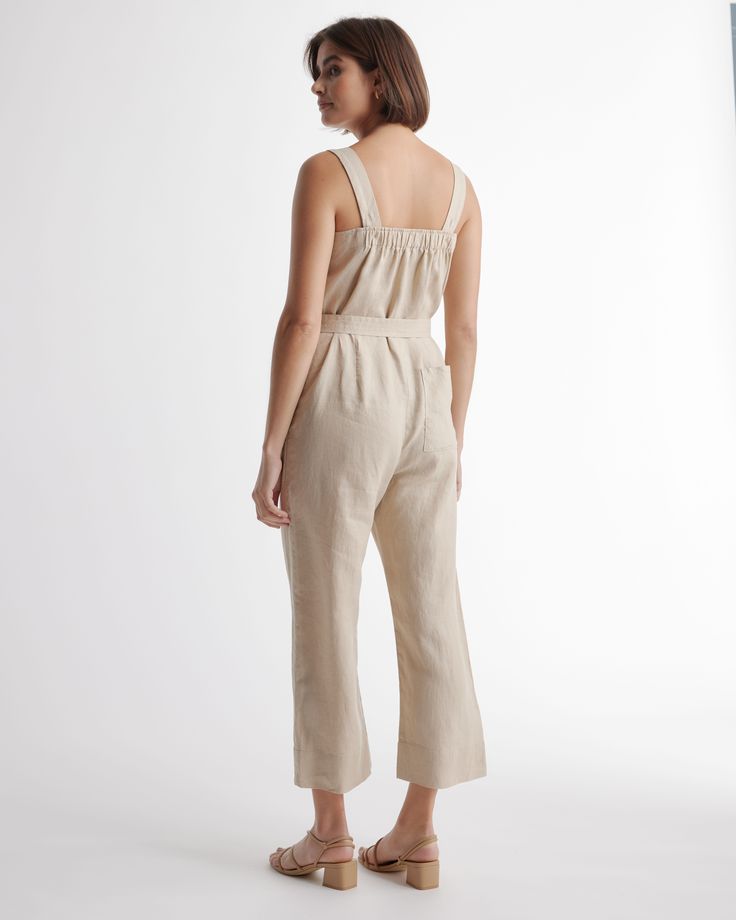 One and done. Just add accessories for an effortlessly cool utilitarian-chic look. Our square-neck linen jumpsuit from our best-selling European linen collection couldn’t be simpler with adjustable shoulder straps and self-tie belt for a perfect fit. Did we mention it’s also super comfy, breathable, and lightweight?  | Quince | Women's 100% European Linen Square Neck Jumpsuit in Driftwood, Size Medium Summer Workwear Jumpsuits And Rompers With Adjustable Straps, Summer Workwear Overalls With Adjustable Straps, Summer Linen Belted Jumpsuits And Rompers, Spring Linen Belted Jumpsuits And Rompers, Chic Linen Jumpsuits And Rompers With Tie Waist, Casual Linen Belted Jumpsuits And Rompers, Beige Linen Overalls Jumpsuit, Beige Linen Overall Jumpsuits And Rompers, Spring Linen Jumpsuits And Rompers For Work