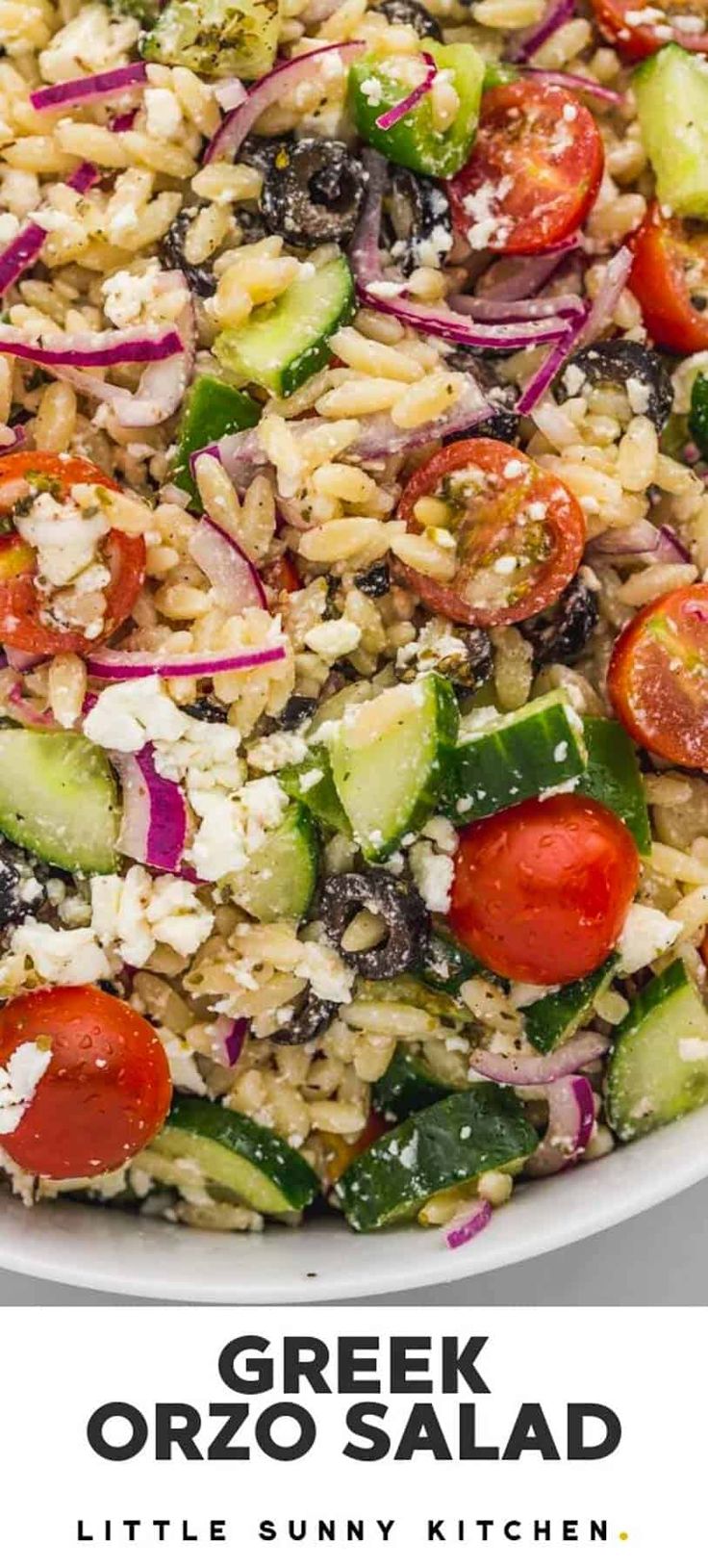 greek orzo salad with tomatoes, cucumbers, onions and feta cheese