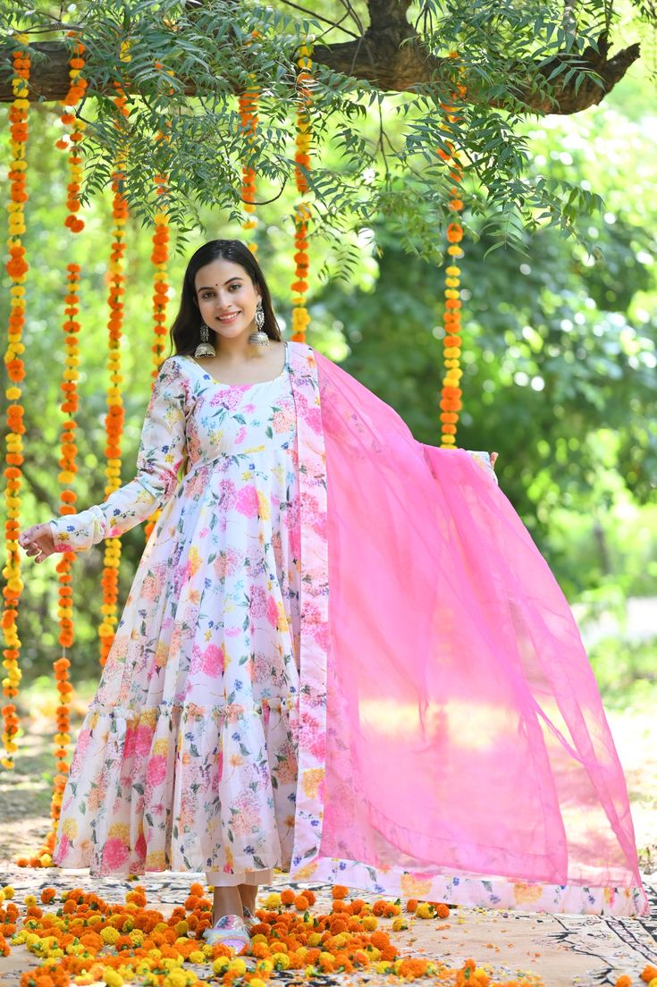 A beautiful day begins with a beautiful dress. Wear our beautiful Anarkali suit set and make your day More beautiful. Anarkali :- Chanderi cottonPant :- CottonDupatta :- OrganzaClosure Used:- Side zipColor:-Anarkali - Off White Dupatta - Pink Pant - WhiteCare Instructions :- Dry clean onlyModel Size :- Model is wearing XS sizeModel Height :- 5.6''DISCLAIMER :- Slight color variations may occur due to different screen resolution. Cotton Anarkali Set With Printed Motifs For Wedding, Semi-stitched Cotton Dress For Wedding, Semi-stitched Cotton Wedding Dress, Cotton Floor-length Dupatta For Diwali, Designer Wear Floor-length Cotton Dupatta, Designer Cotton Floor-length Dupatta, Designer Floor-length Cotton Dupatta, Pink Cotton Anarkali Set With Floral Print, Pink Floral Cotton Anarkali Set