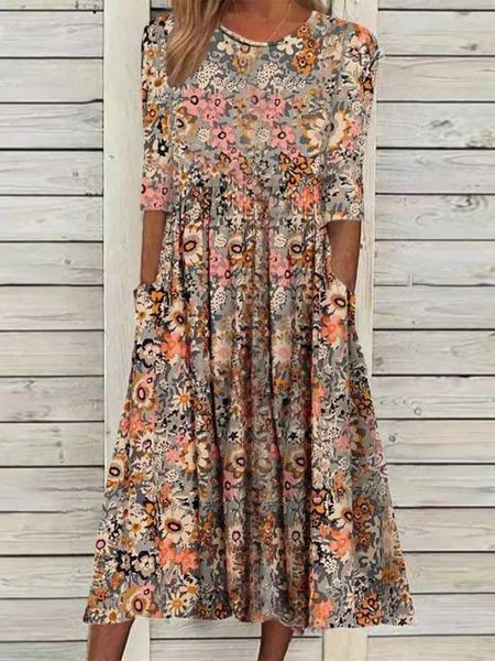 JFN Round Neck Floral Casual Midi Dresses | justfashionnow Robes Glamour, Look Boho Chic, Boho Midi Dress, Long Beach Dress, Printed Summer Dresses, Floral Print Midi Dress, Midi Short Sleeve Dress, Fashion Color, Woven Dress