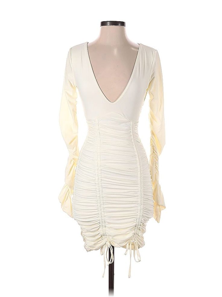 Tiger Mist Cocktail Dress Size: Small Ivory Dresses - used. 82% NYLON, 18% SPANDEX, Mini, Plunge, Short, Long Sleeve | Tiger Mist Cocktail Dress: Ivory Dresses - Size Small White Bodycon Dress For Spring Brunch, Cream Stretch Mini Dress, Cream Ruched Mini Dress For Date Night, Fitted Cream Mini Dress With V-neck, Cream Fitted Mini Dress With V-neck, Cream Fitted V-neck Mini Dress, Cream V-neck Ruched Dress, Cream Ruched V-neck Dress, Cream Ruched Dress For Brunch