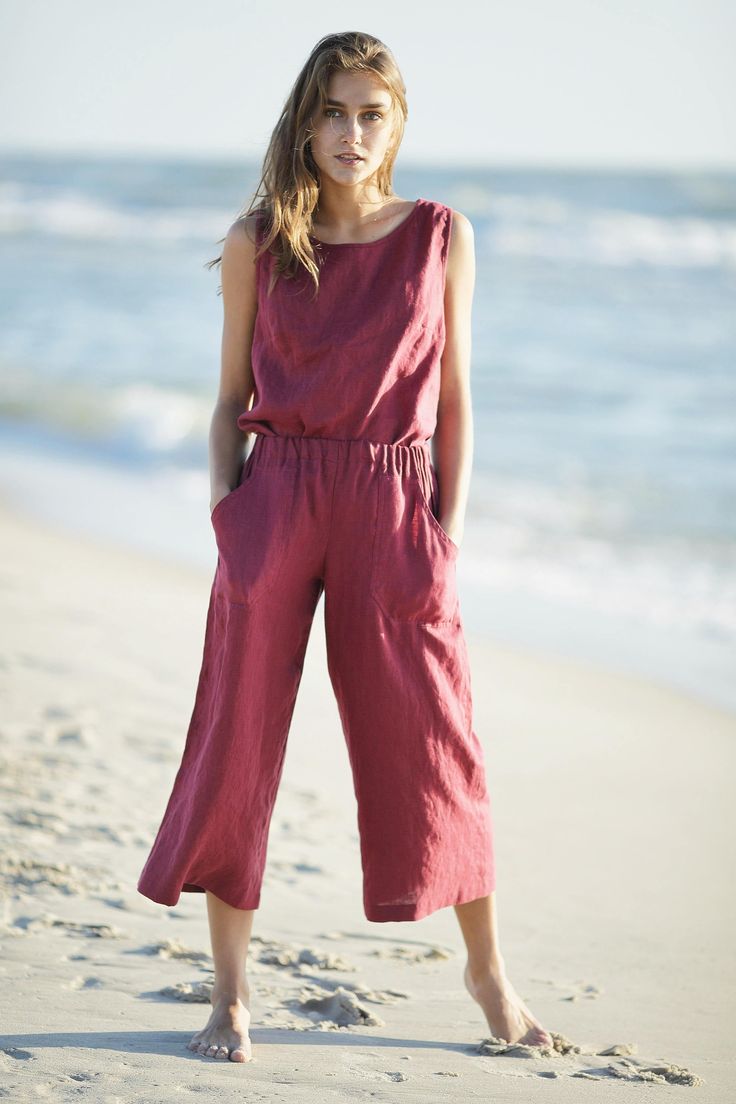 "Linen pants suit/ Black linen blouse and pants/ Palazzo pants and tank top/ Linen beachwear with gauze pants/ Wide leg linen trousers. Eco friendly custom color beach leisure outfit. Burgundy soft linen elegant suit. Modern linen simple set. Linen sleeveless top and linen pants with elastic waistband and deep front pockets. The set is exceptionally comfortable and soft, made from prewashed and softened medium weight natural Lithuanian linen. You can choose from 47 different colors. To have a pe Chic Linen Jumpsuits And Rompers For Beach, Summer Linen Pants For Beach Season, Summer Beach Linen Jumpsuits And Rompers, Linen Pants For Beach Season Loungewear, Linen Beach Loungewear Pants, Linen Beachwear Pants For Beach Season, Beachwear Linen Pants For Beach Season, Linen Wide-leg Jumpsuits For Beach, Linen Wide Leg Jumpsuits For Beach