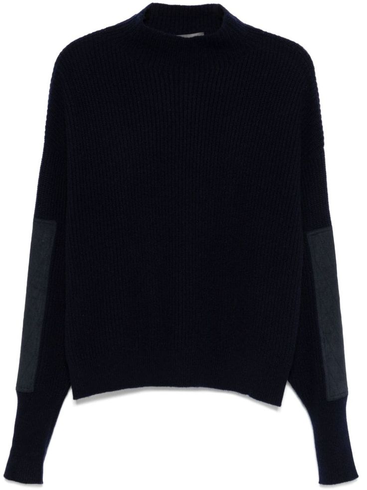 midnight blue ribbed knit faux suede elbow patches high neck drop shoulder long sleeves straight hem Eric Bompard, Elbow Patch Sweater, Wardrobe Edit, Chanel 2, Iconic Bags, Elbow Patches, Boots Fall, Exclusive Fashion, Ski Wear