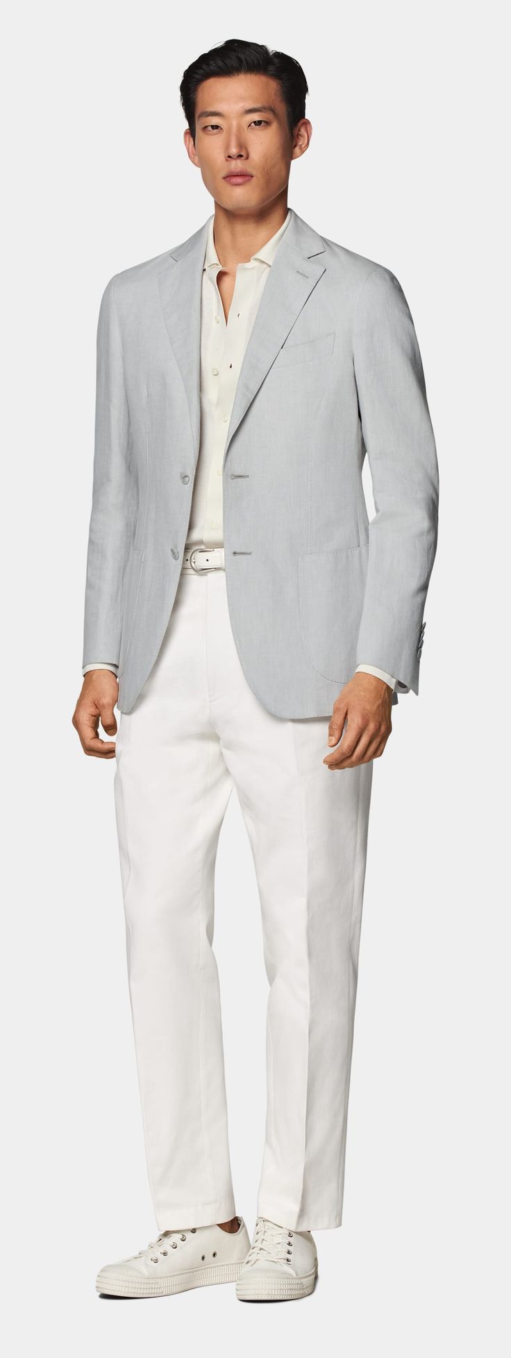 Light Grey Tailored Fit Havana Blazer in Linen Cotton | SUITSUPPLY US Spring Formal Sport Coat With Welt Pockets, Sport Coat With Hidden Button Closure For Spring Formal, Spring Formal Sport Coat With Flat Front, Spring Formal Single Breasted Sport Coat, Spring Single Button Flat Front Blazer, Spring Formal Single-breasted Sport Coat, Summer Formal Blazer With Hidden Button Closure, Spring Semi-formal Single-breasted Suit, Semi-formal Sport Coat With Hidden Button Closure For Spring