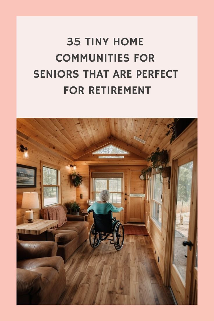 a woman in a wheel chair inside of a cabin with the words, 35 tiny home communities for seniors that are perfect for retirement