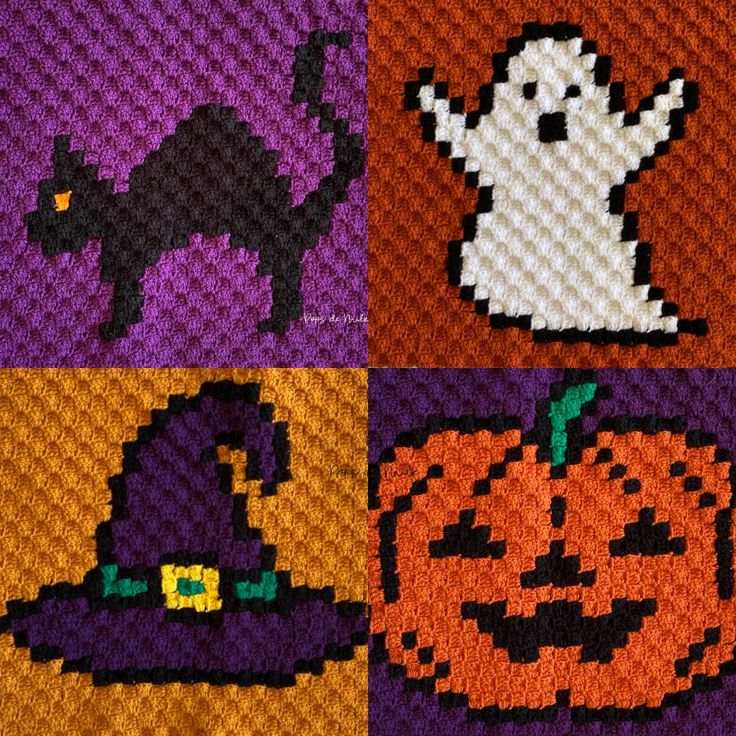 a knitted halloween scene with pumpkins, ghost and black cat on purple background