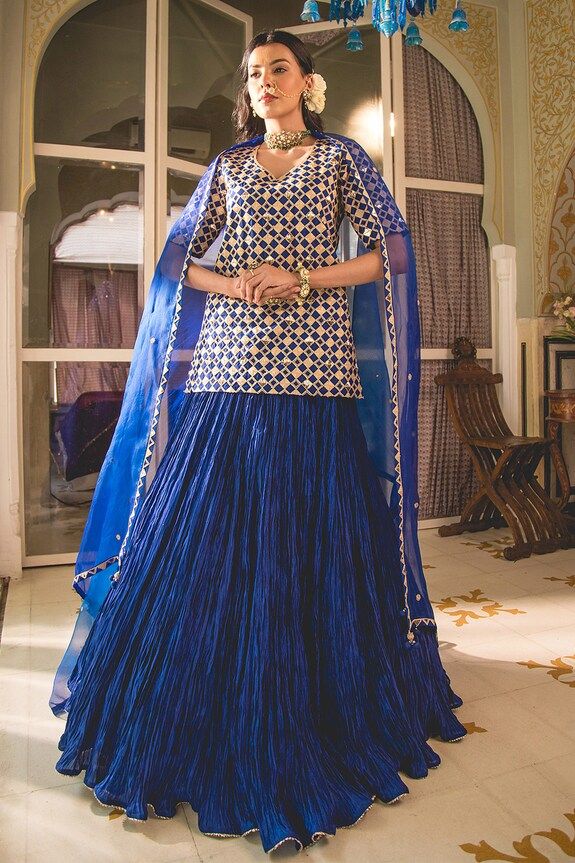 Midnight blue short kurta with geometric marori and zardosi embroidery. Paired with coordinating tasselled dupatta and solid crush lehenga. - Aza Fashions Fitted Bollywood Style Blue Palazzo Set, Fitted Blue Sharara For Eid, Festive Blue Fitted Sets, Royal Blue Semi-stitched Set For Eid, Fitted Blue Palazzo Set For Eid, Unstitched Blue Sets With Pallu, Unstitched Blue Set With Blouse, Fitted Blue Dupatta For Navratri, Fitted Bollywood Sharara In Royal Blue