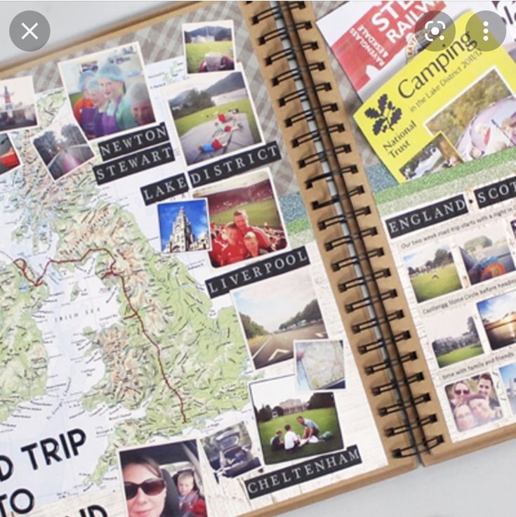 an open travel journal with pictures and words on it