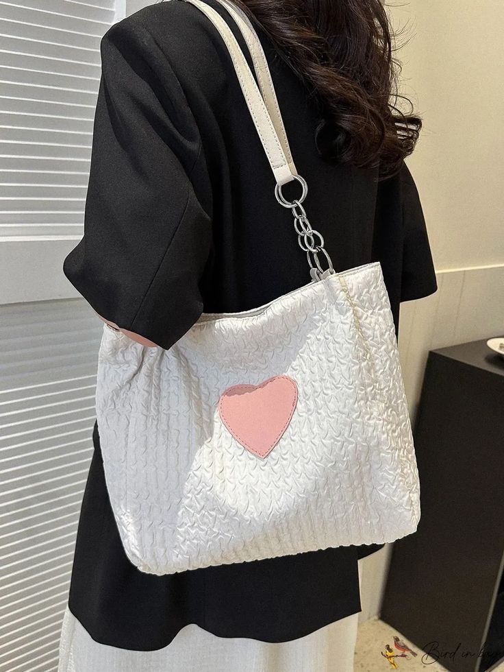 BirdinBag - Preppy Style Heart Pattern Shoulder Bag with Double Handles Estilo Preppy, Word Wrap, Heart Pattern, Heart Patterns, White Patterns, White Bag, Preppy Style, Polyester Material, Bags Shoulder