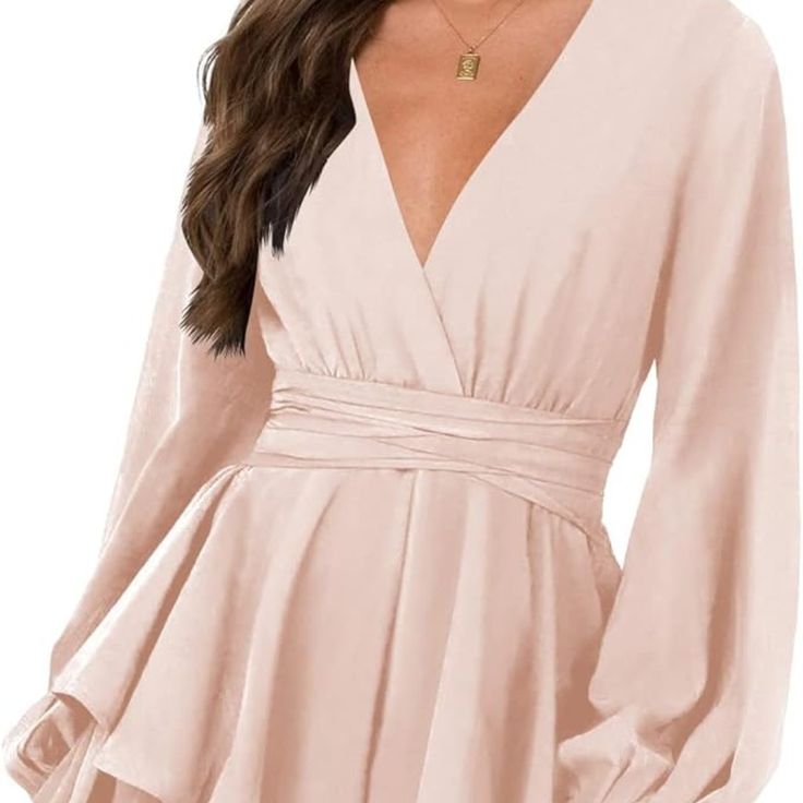 Brand New Nova In Sky Womens Sexy Deep V Neck Long Sleeve Tie Waist Ruffle Hem Flowy Swing Mini Short Wrap Dress Light Weight (Color-Light Pink) V-neck Party Top With Ruffle Hem, Chic Peplum Mini Dress For Brunch, V-neck Ruffled Mini Dress For Going Out, V-neck Mini Dress With Ruffles For Going Out, Elegant Peplum Mini Dress For Brunch, Short Wrap Dress, Wrap Dress Short, Mini Short, Deep V Neck