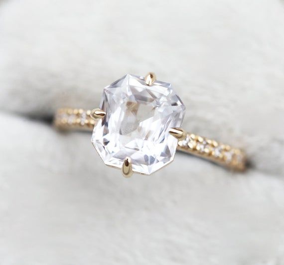 White Sapphire Ring Sapphire Engagement Ring Radiant Cut | Etsy Engagement Ring Radiant Cut, Engagement Ring Radiant, Radiant Cut Engagement Rings, White Sapphire Engagement Ring, Pave Diamond Band, White Sapphire Ring, Ring Sapphire, Blue Sapphire Diamond, Sapphire Engagement Ring