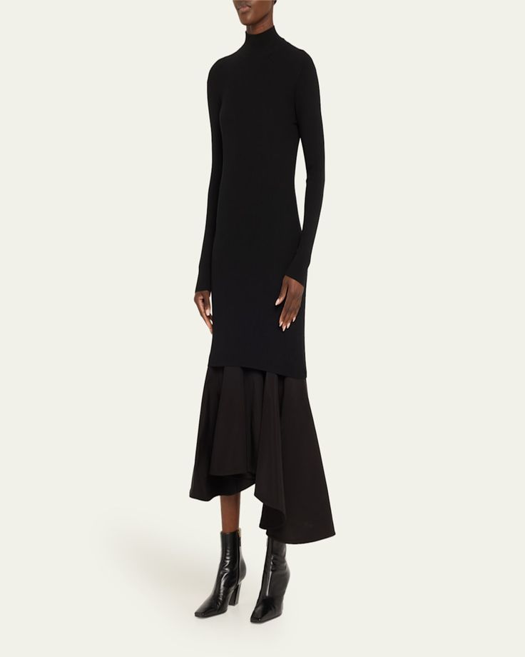 Bottega Veneta ribbed knit dress featuring an asymmetric flounce underskirt in matte fluid viscose canvas    Turtleneck    Long sleeves    Fitandflare silhouette    Hem falls below the knee    Invisible back zip    Viscose/hemp/pvc    Made in Italy Turtleneck Midi Dress, Cocktail Jacket, Ribbed Knit Dress, Lingerie Romper, Lingerie Sleepwear, Sweater Skirt, Handbags On Sale, Designer Collection, Bottega Veneta