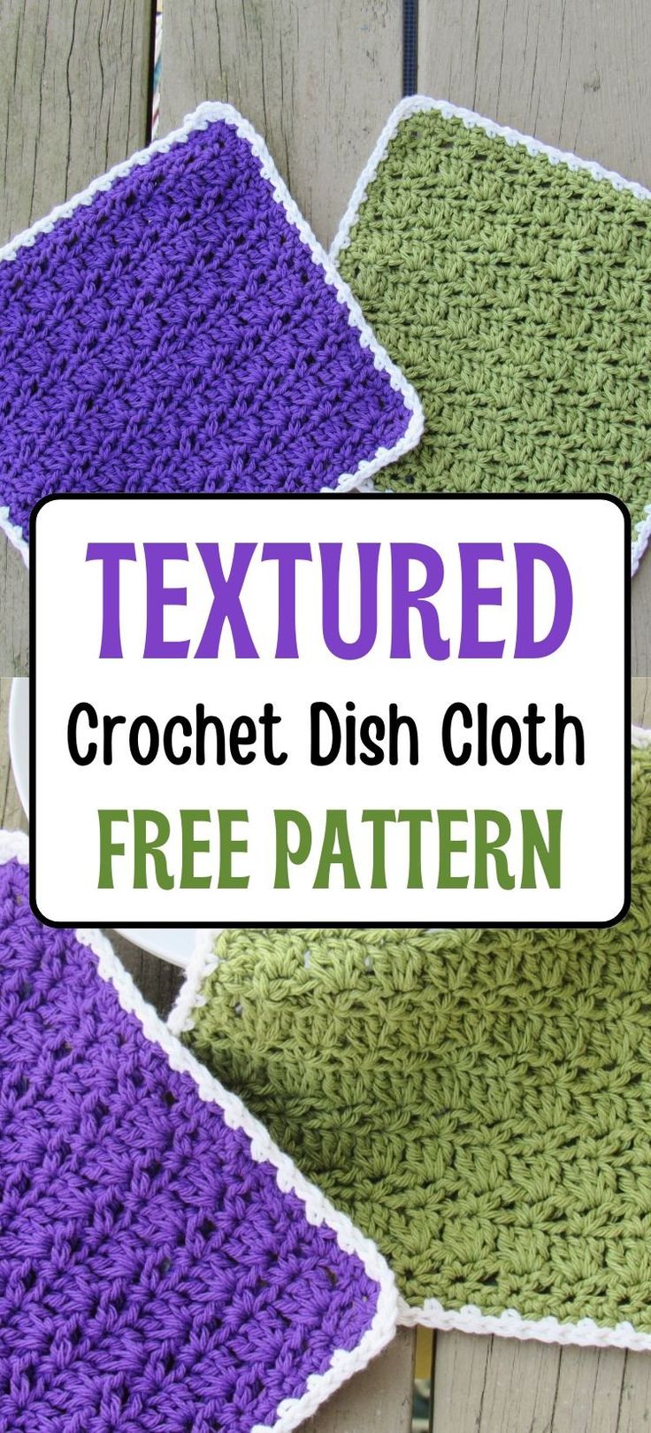 three crocheted dishcloths with text that reads textured crochet dish cloth free pattern