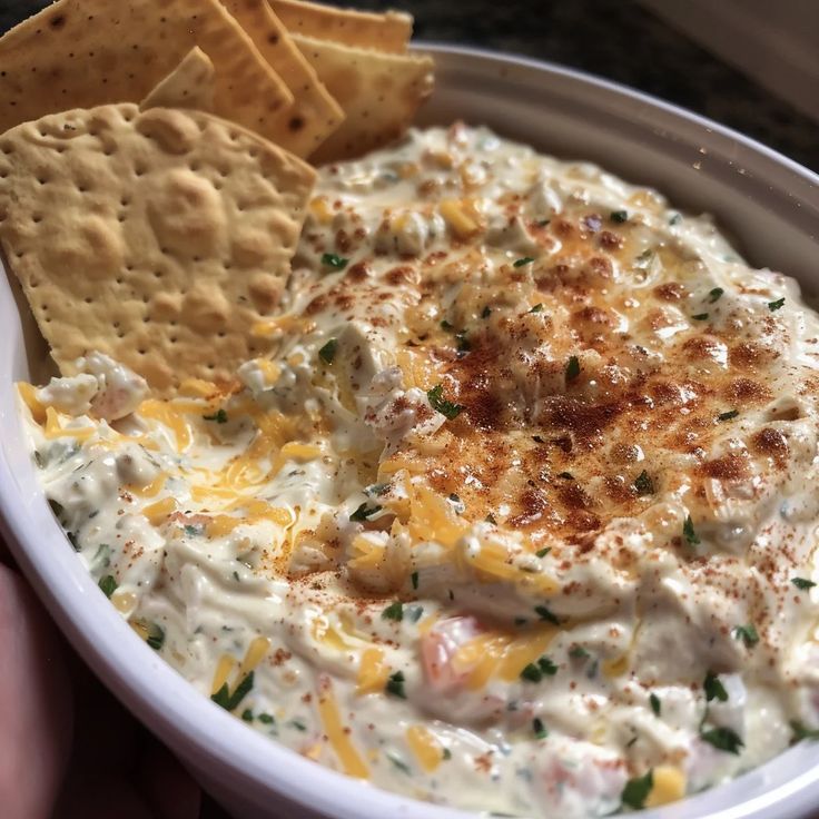 a white bowl filled with cheese and crackers next to a hand holding a tortilla chip