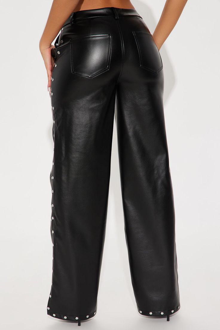 Available In Black. Faux Leather Pant High Rise Button & Zip Closure Hand & Back Pockets Studded Detail Wide Leg Stretch 32" Inseam Shell Coating: 100% Polyurethane Basic Fabric/Lining: 100% Polyester Imported | Prove It Studded Faux Leather Pant in Black size Large by Fashion Nova Edgy Bottoms With Button Closure For Fall, Black Leather Pants For Fall With Button Closure, Black Leather Pants With Button Closure For Fall, Black Leather Bottoms With Button Closure, Fall Night Out Bottoms With Button Zip Fly, Black Faux Leather Bottoms With Button Closure, High-waist Black Leather Pants With Button Closure, Edgy Black Bottoms With Button Closure, Chic Faux Leather Bottoms With Button Closure